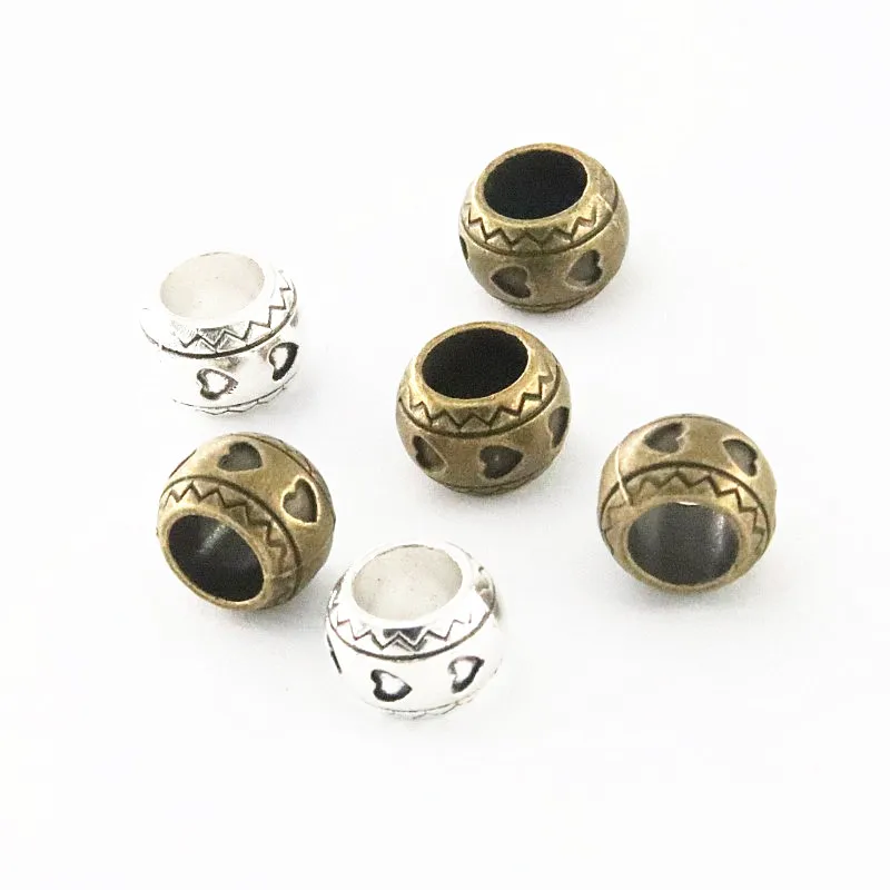 

40Pcs Hearts Beads 6.5mm Big Hole Vintage Charms Fit For Bracelet DIY Antique Silver Plated Bronze Color Pendant