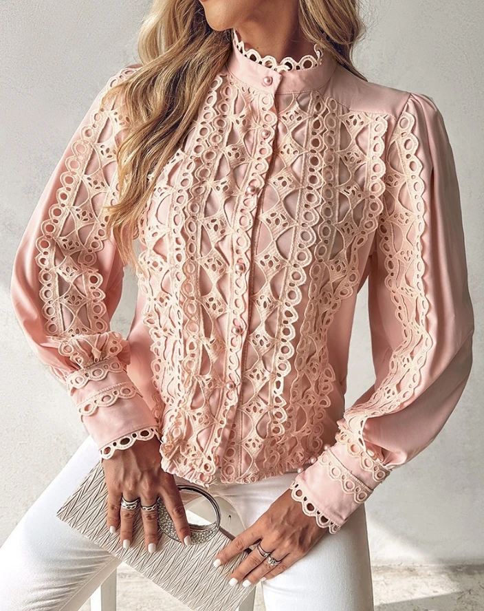 

Fashion Women Blouse 2024 Spring Contrast Lace Stand Collar Buttoned Top Solid Color Elegant Lantern Sleeve Hollowed Out Blouses