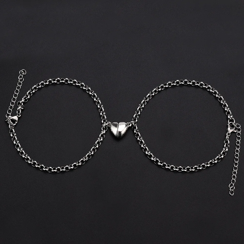 Heart Attraction Magnetic Couple Bracelets with Key Lock Charm - Stainless Steel Cuban Chain Set