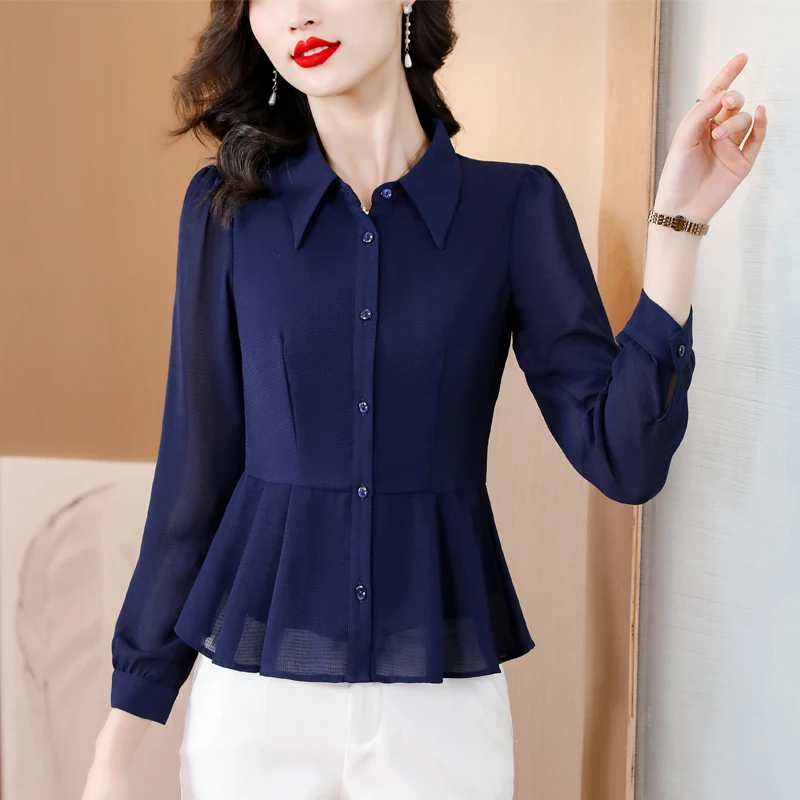 Business Blouse Tops For Women Korean Fashion Women's Chiffon Blouse   Elegant Business Tops With Beaded Accents For Spring & Fall Elegant Work  Blouse