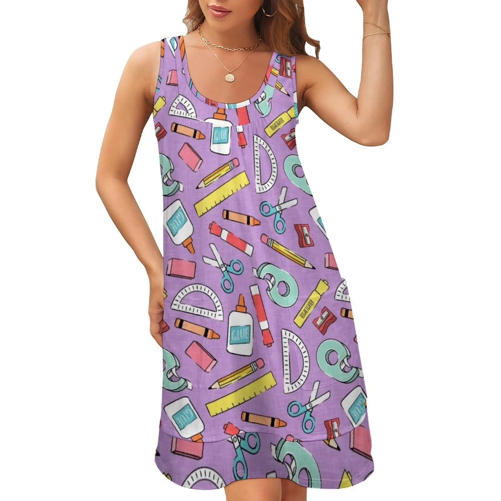 

school supplies - back to school - teacher - purple Sleeveless U-Neck Fake Two Piece Dress Aesthetic clothing