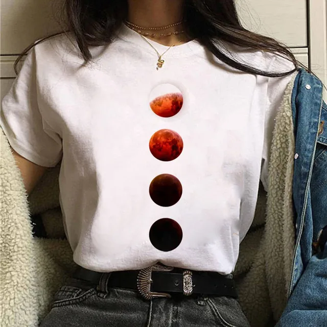 New Women's T-shirt Oversized Streetwear Black Moon Casual Round Neck T-shirt Lunar Eclipse Printed Women T-shirt Tee Tops E478-White