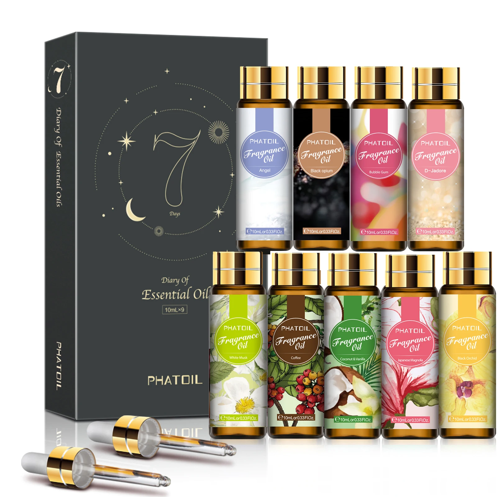 Phatoil 9pcs 10ml Fragrance Oil for Candle Soap Perfume Bath Bomb Making White Musk Coconut&Vanilla Bubble Gum Black Opium Angel