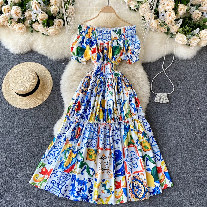 

2023 Summer Women Sexy Slash Neck Off Shoulder Slim Long Dress Eleagnt Vintage Blue and White Porcelain Print Runway Dress SR652