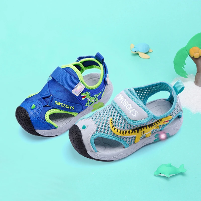 EXDINO Dinosaur LED Flashing Summer Sandals 6Y Boys Children Cut-Outs Closed Toe Fashion Little Kids Beach Shoes Anti-Slip 6