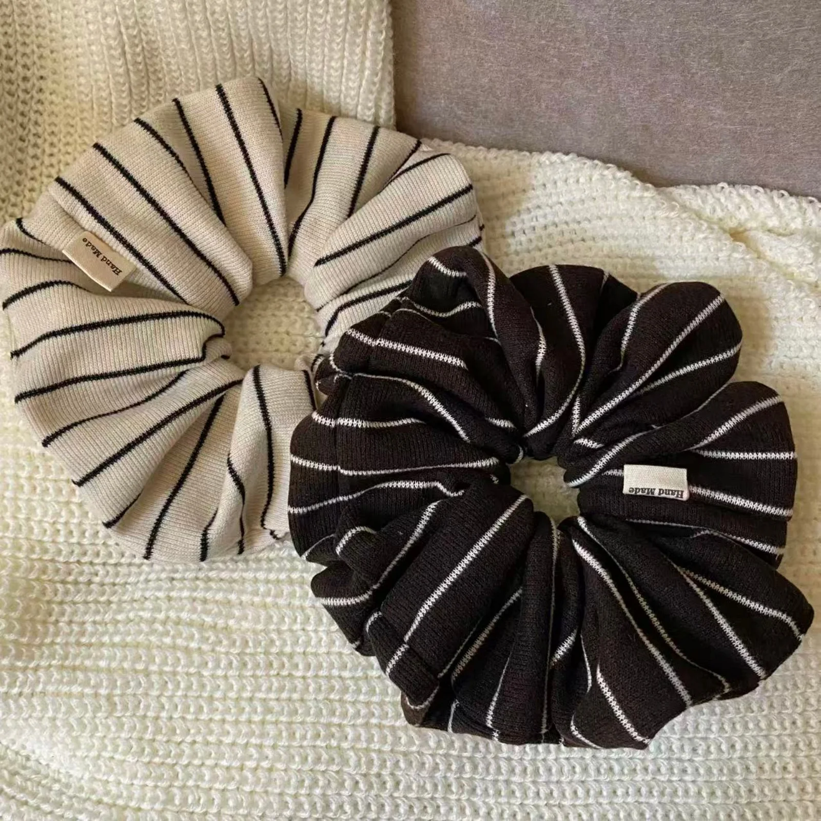 Striped Handmade Neutral Tone Hair Scrunchies - Elastic Bands