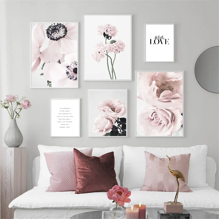 

Scandinavian Fashion Poster Pink Rose Flower Feather Nordic Style Wall Art Canvas Print Painting Modern Living Room Decor