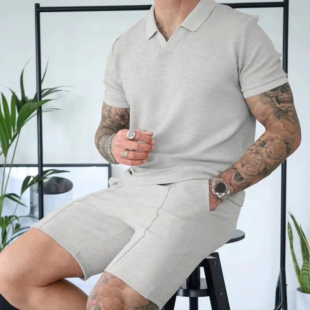 

Athletic Outfit Men's Casual Summer Outfit Set with V-neck T-shirt Wide Leg Shorts Elastic Waistband Drawstring Streetwear for A