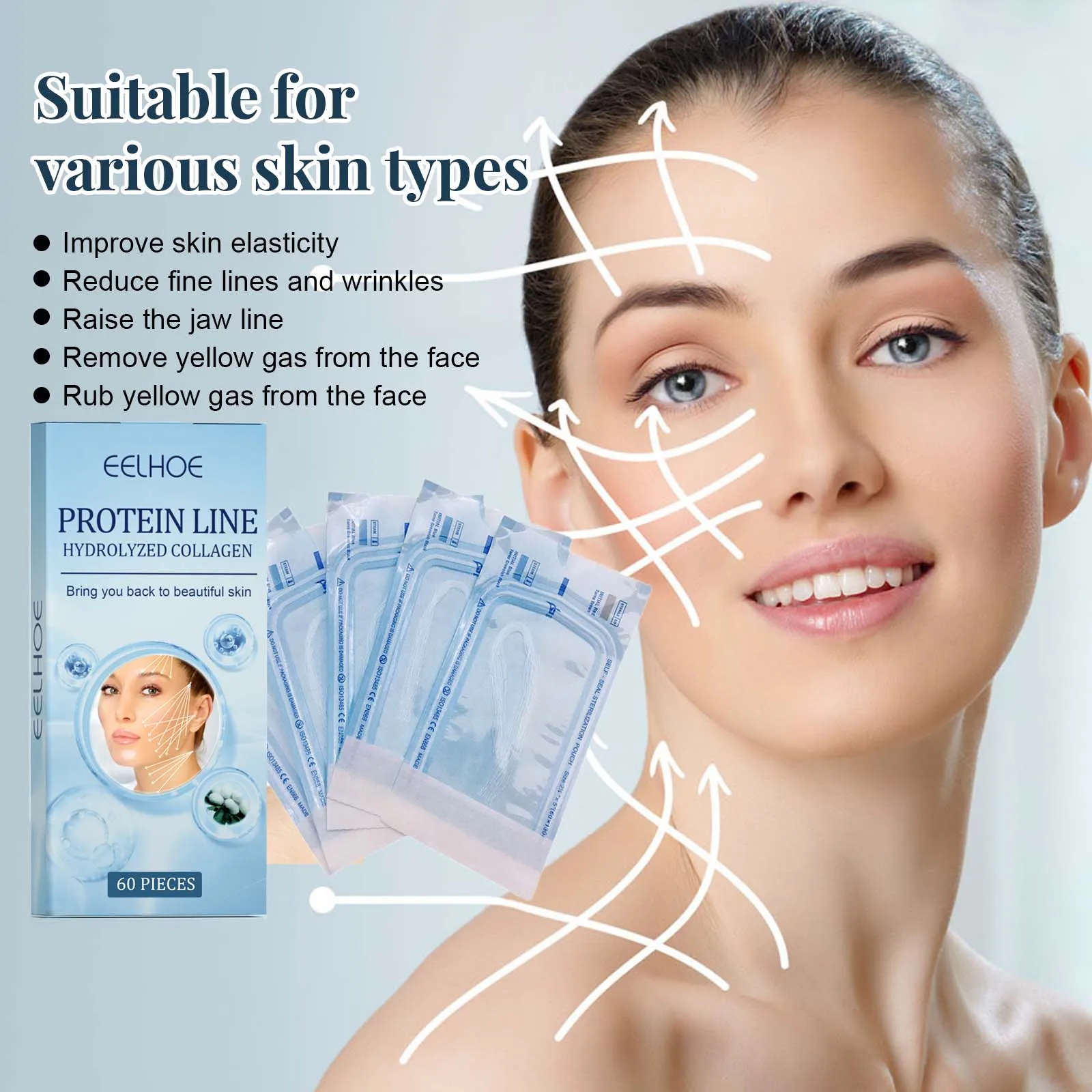 60Pcs Gold Protein Line Fade Wrinkle Firming Facial Filler No Needle Absorbable Smoothing Hydrolyzed Collagen Thread Serum 2