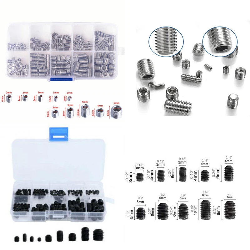 Allen Cabeça Soquete Hex Grupo Grub Screw Cup Kit Ponto Variedade Caixa Recesso End Preto 200 Pcs Aço Inoxidável