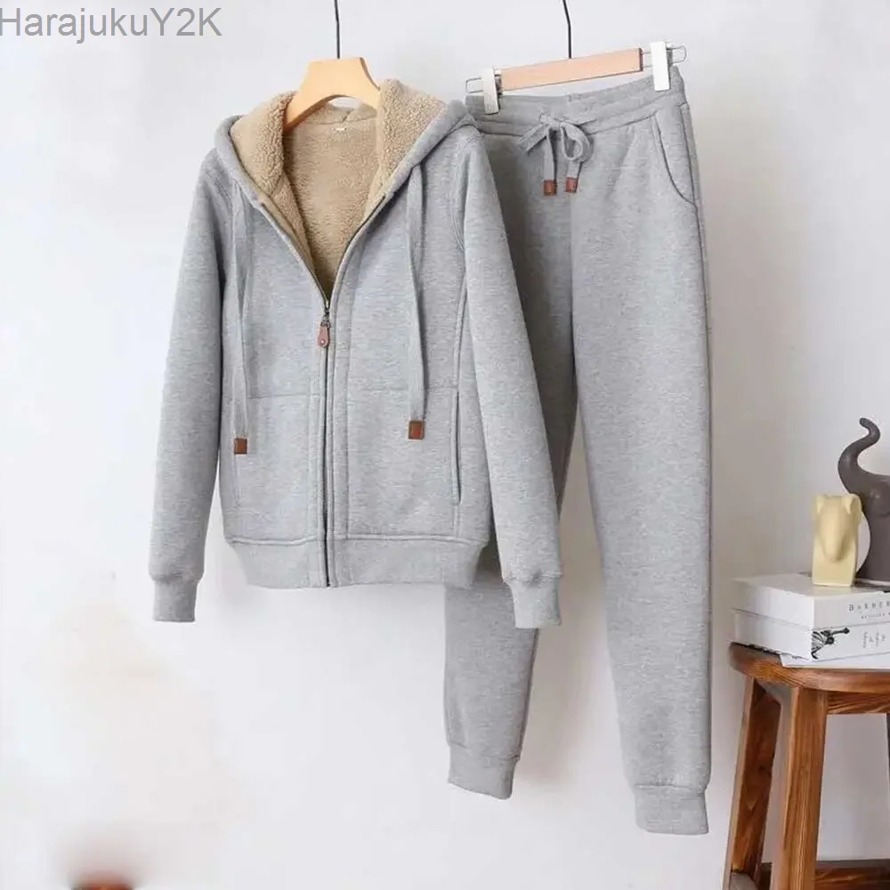 

Add Fleece Thick Casual Suit Women's Winter Simple Solid Color Sports Thin Long Sleeve Hooded Short Coat Sports Pants Women's