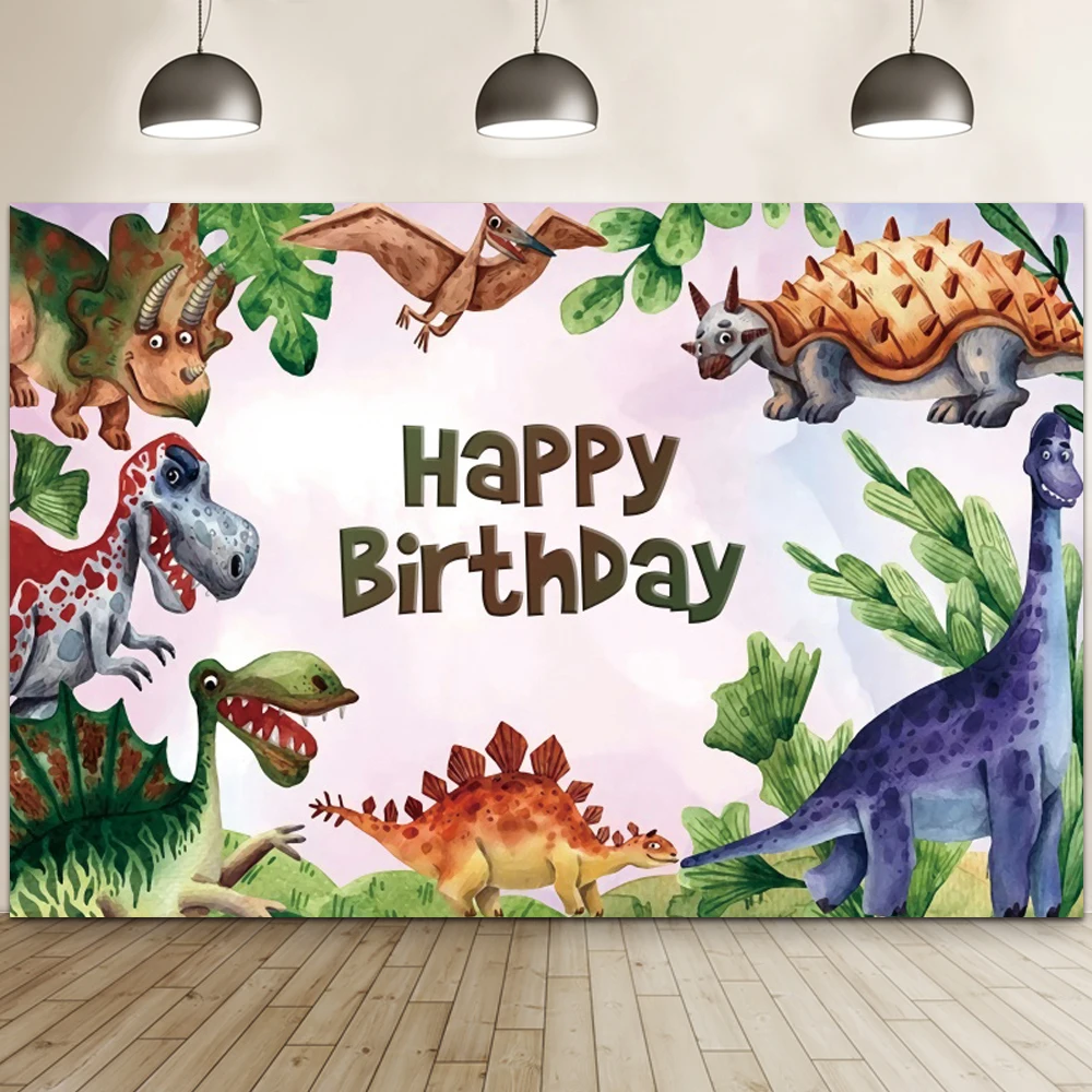 7x5ft Dinosaur Birthday Backdrop - Watercolor Jungle Theme Photography Background
