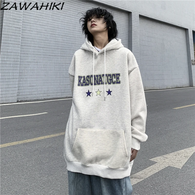 

ZAWAHIKI Spring Autumn Korean Fashion Letter Star Print Casual Hoodies Sweatshirt Loose Teenagers Harajuku Hiphop Streetwear