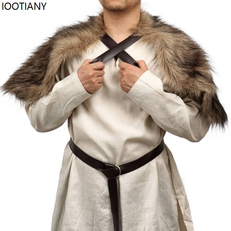 IOOTIANY Halloween Barbarian Cosplay Shoulder Cloak Chest Strap Medieval Men Viking Fur Cape Faux Fur Cape Scarf