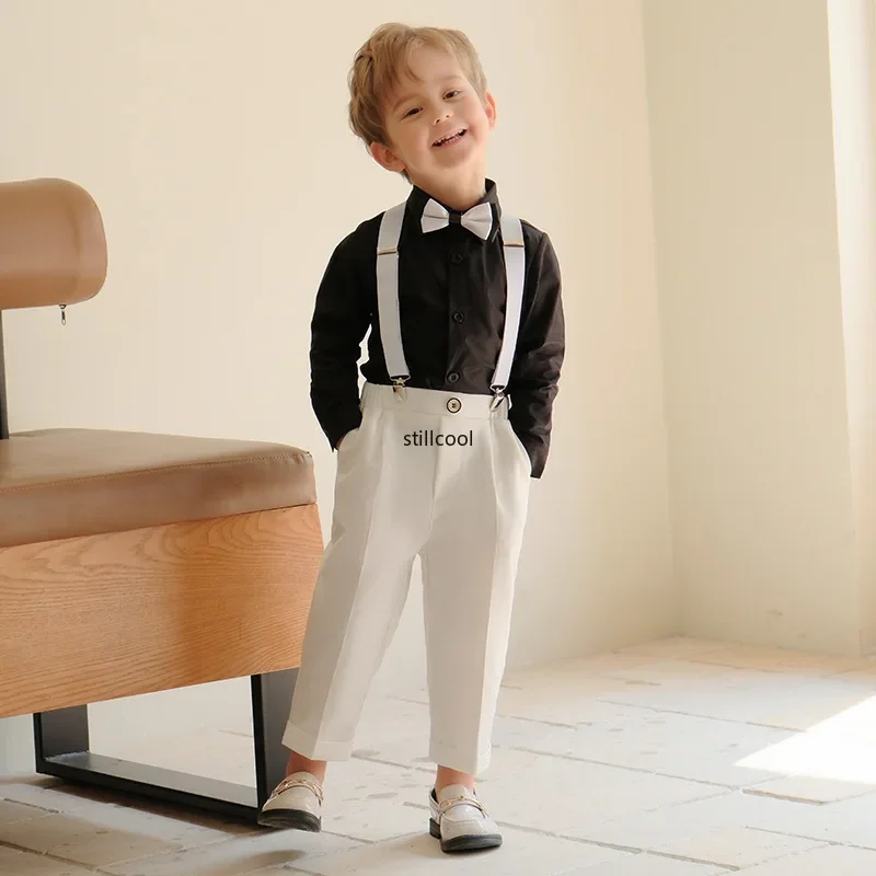 

Children Suspender Pants Set Summer New White Handsome Boys Suits for Weddings School Chorus Groups Performance Outfits 3 4 6 Y