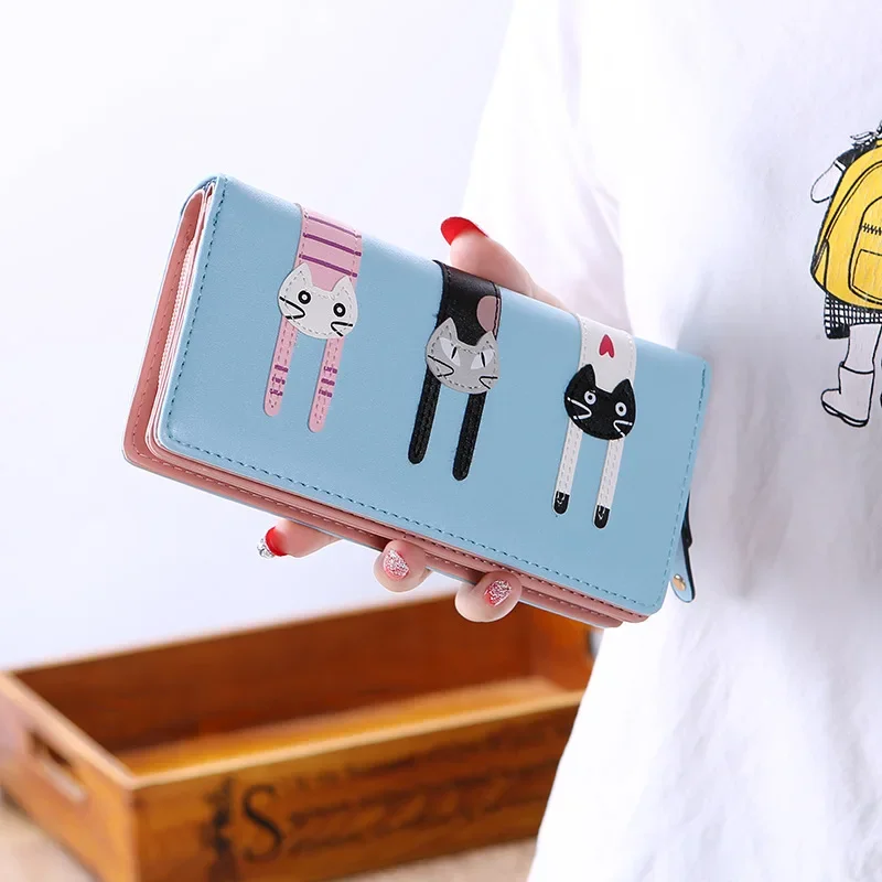 

New Women's Purse Fashion Cartoon Cat Zipper Large Capacity Triple Fold Wallet Student Change Wallet Mobile Phone Bag