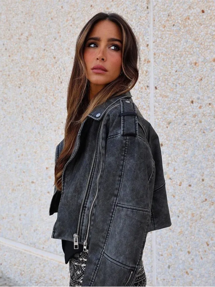 

Fashion Elegant Long Sleeved Short Motorcycle Jacket Women's Casual Chic Cropped Zipper Coat 2023 Casual Street Fashion Female