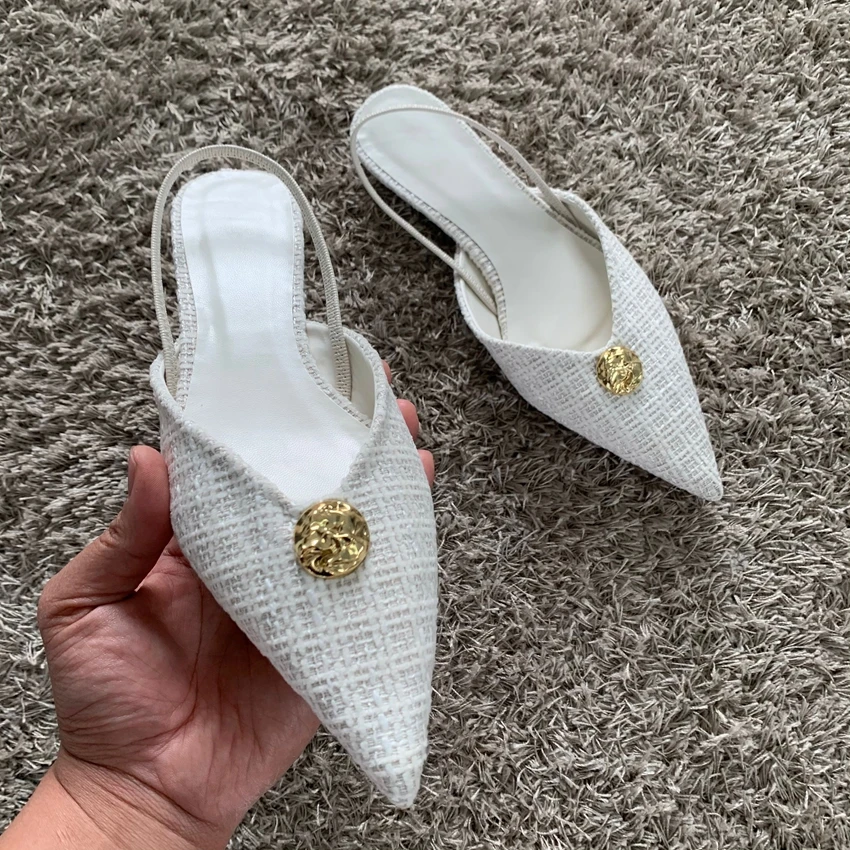 2025 Woman White Fabric High Heels Chic Metal Inlaid Slingback Kitten Heel Shoes Summer Elegant Female Office Low Heels Sandals 5