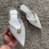 2025 Woman White Fabric High Heels Chic Metal Inlaid Slingback Kitten Heel Shoes Summer Elegant Female Office Low Heels Sandals 5