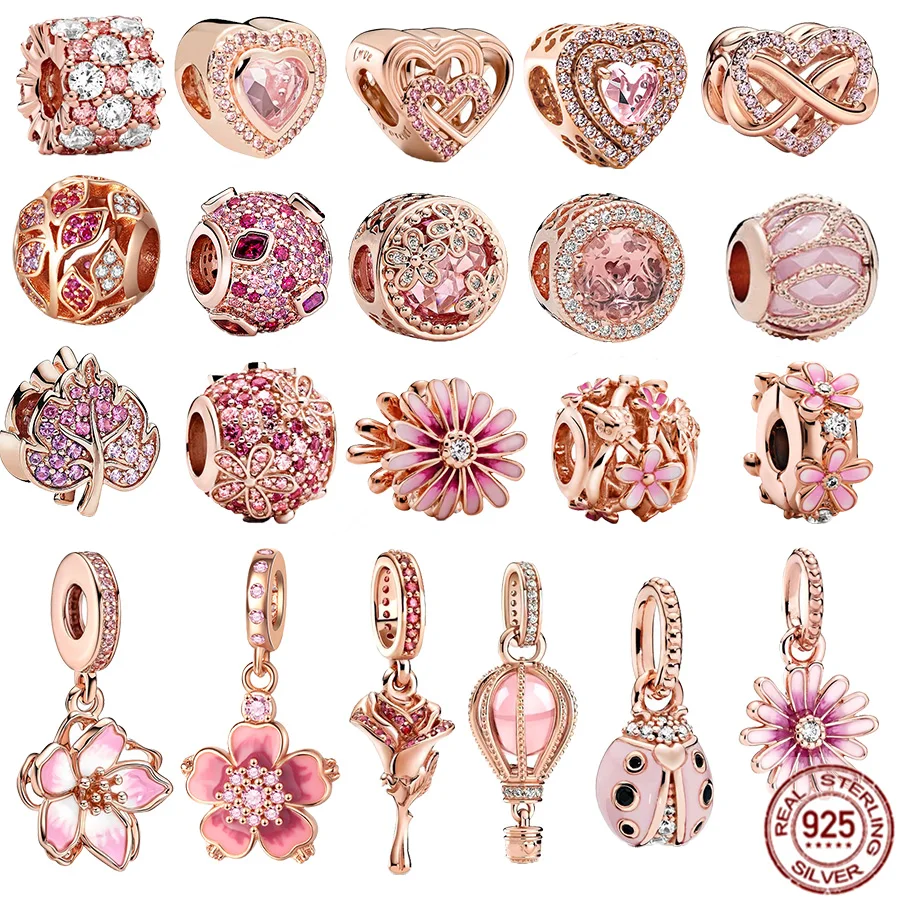 

Rose Gold Plated Silver 925 Pink Daisy，Infinity Heart，Cherry Blossom Dangle Charm Bead Fit Original Pandora Bracelet DIY Jewelry