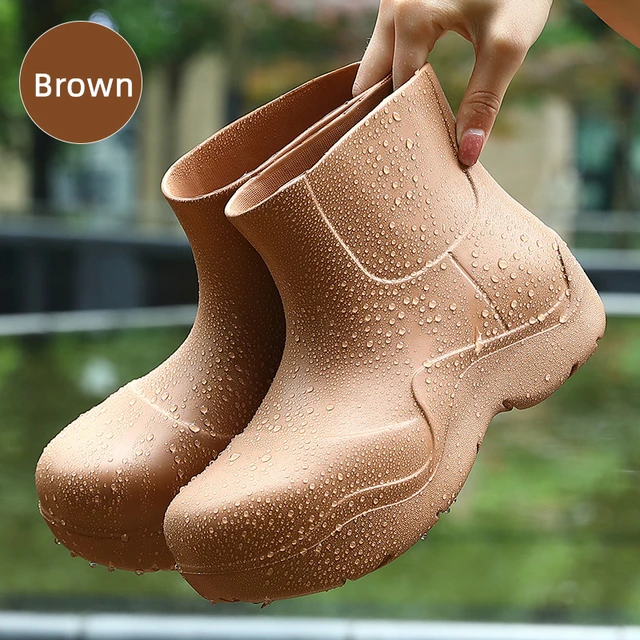 Solid Outdoor Waterdichte Dames Regen Schoenen Dikke Zool Ontwerp Vrouwen  Regenlaarzen Lichtgewicht Eva Slip-On Meisjes Platform Enkellaars -  AliExpress