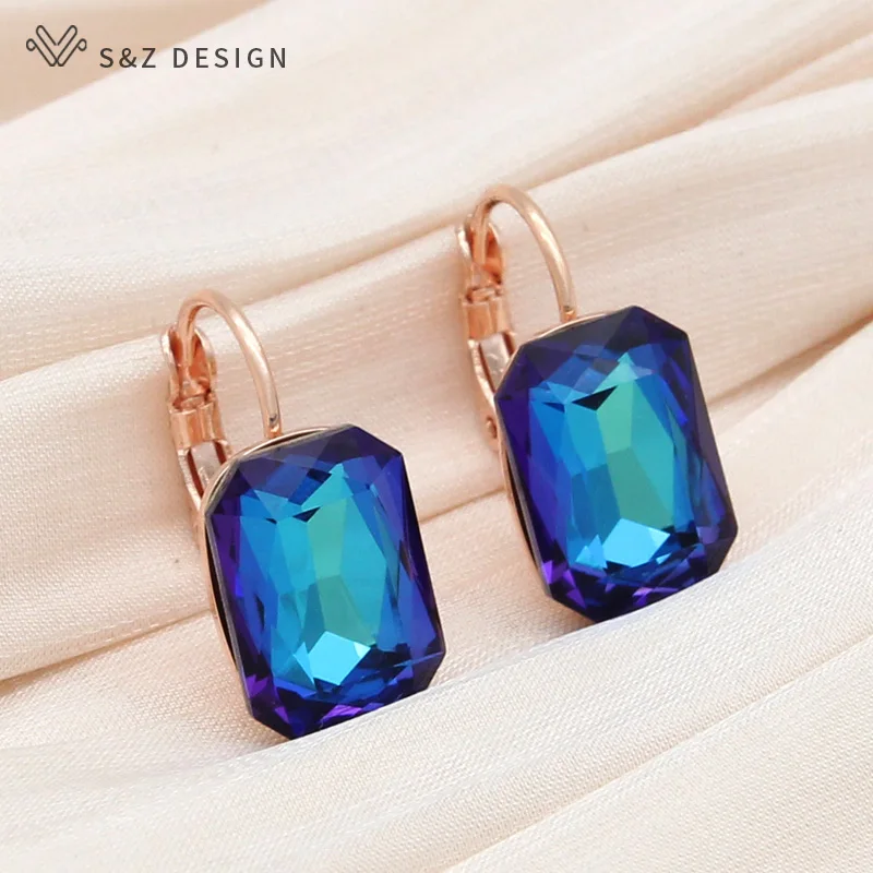 S&Z DESIGN New Arrival Popular Women Fashion Rectangle Crystal Drop Earrings 585 Rose Gold Color Eardrop Wedding Jewelry Gift
