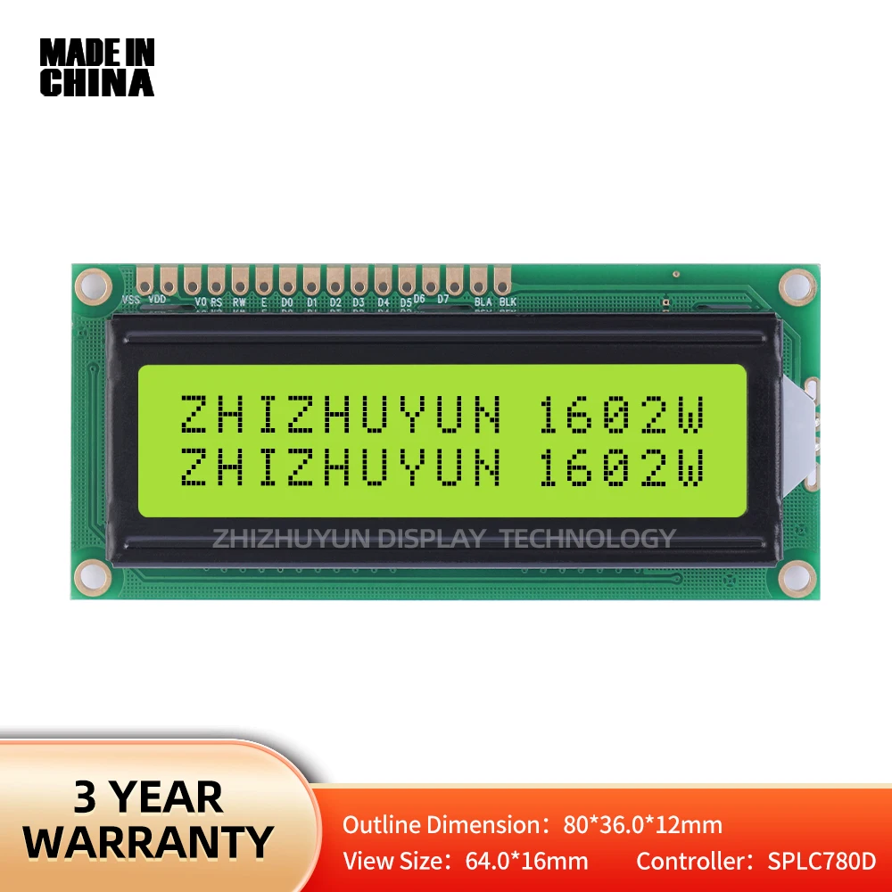 

Stable Supply Of Goods 1602W Character Screen LCD Display Screen Yellow Green Membrane Stn High Frame 12Mm English LCM