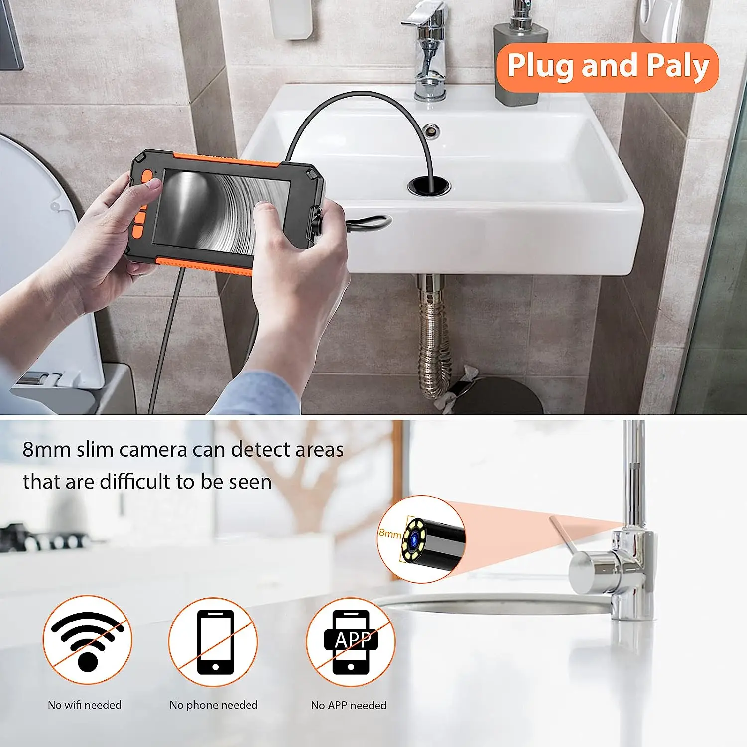 Inspection Camera Industrial Endoscope 1080P HD Borescope Inspection Snake Camera IP67 Waterproof 8 LED Lights 4.3 Inch LCD Screen 2600mAh Battery