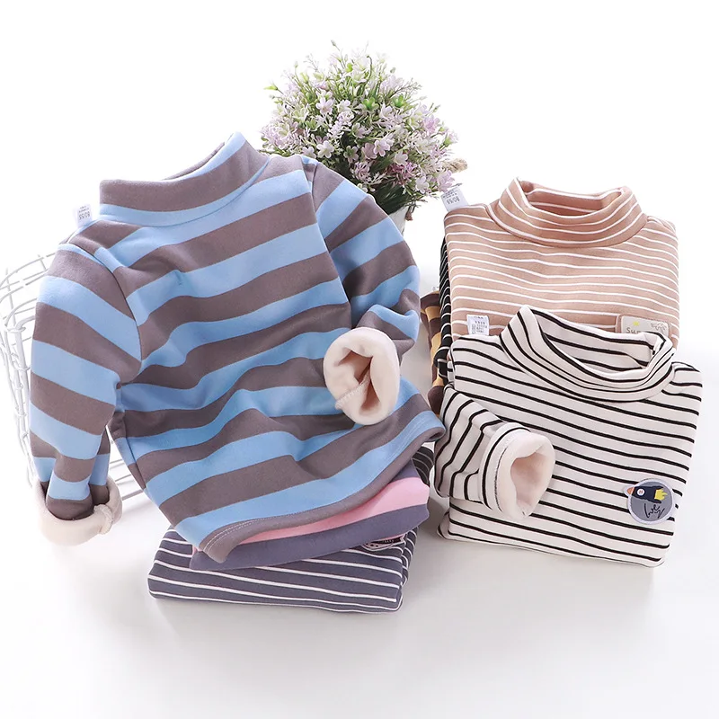 Children's Fleece Undershirt Autumn and Winter Thick Warm Baby T-shirt Girls Boy Medium Turtleneck Thermal Top
