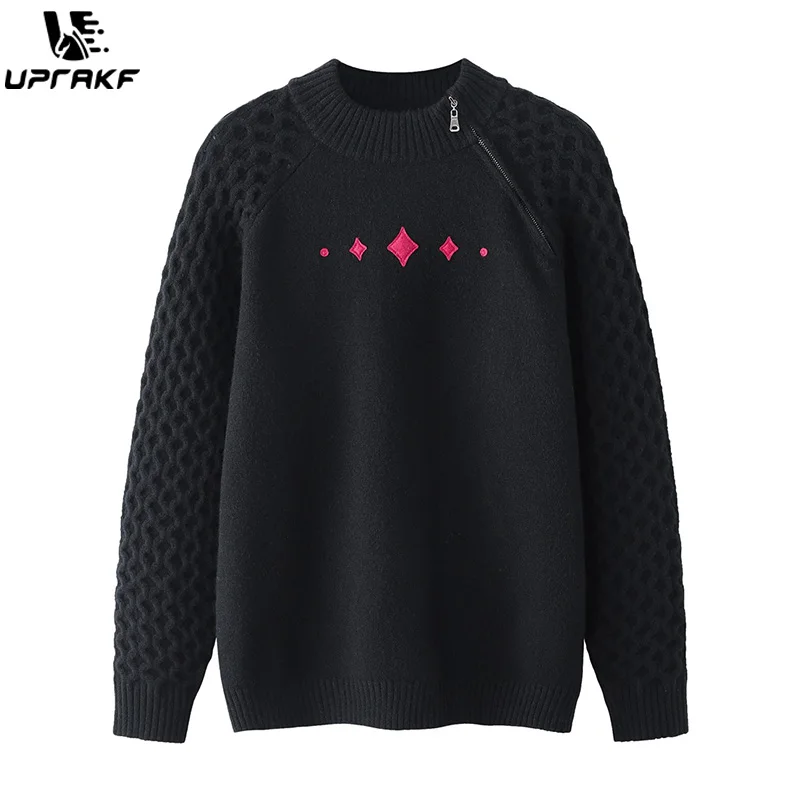 

UPRAKF Off Shoulder Sweater Loose Crew Neck Winter Long Sleeves Warm Autumn Oversize Harajuku Casual Trendy Fashion