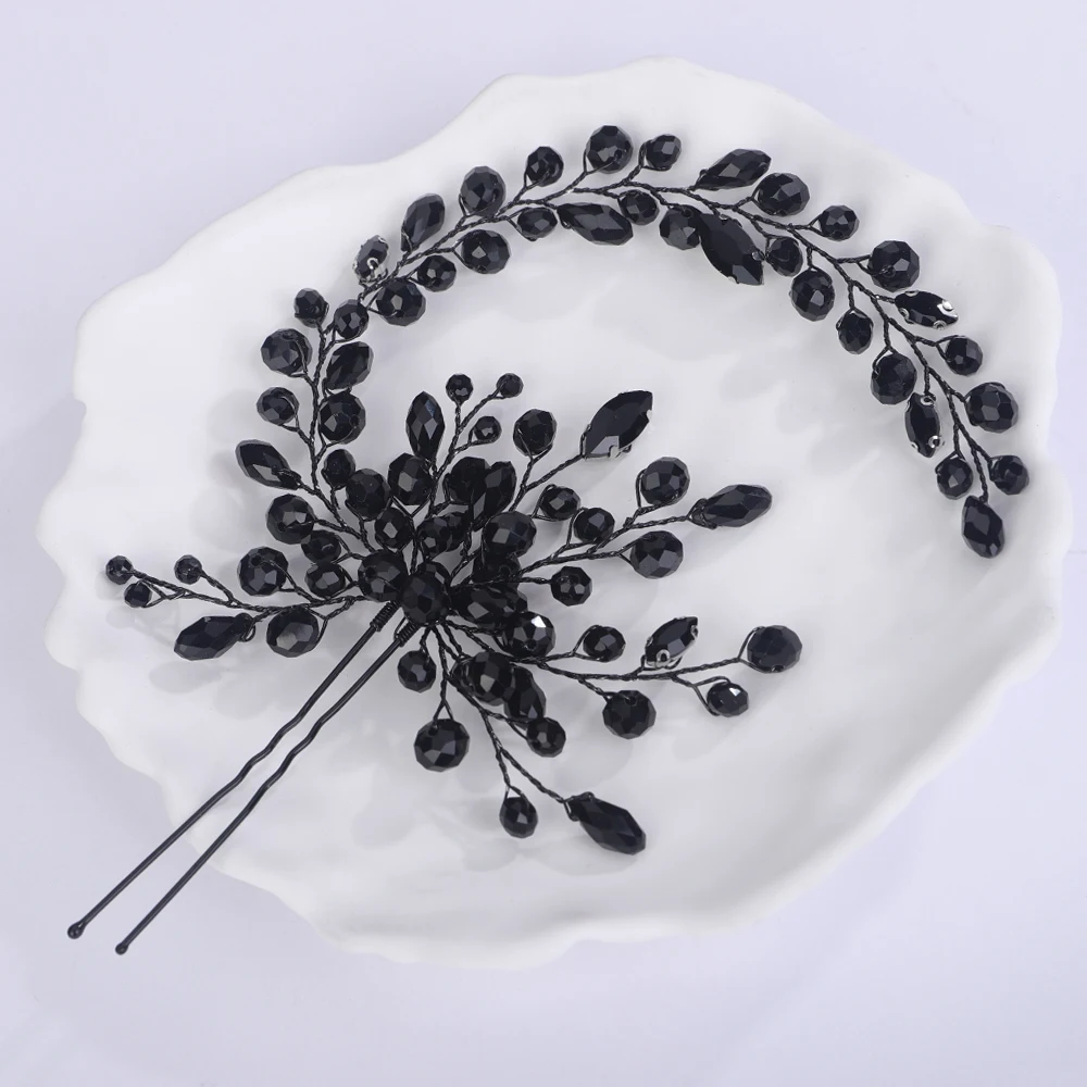Black Crystal Bridal Hair Pins Headband Wedding Hair Accessories Jewelry Handmade Party Headpiece for Women and Girls Tiaras