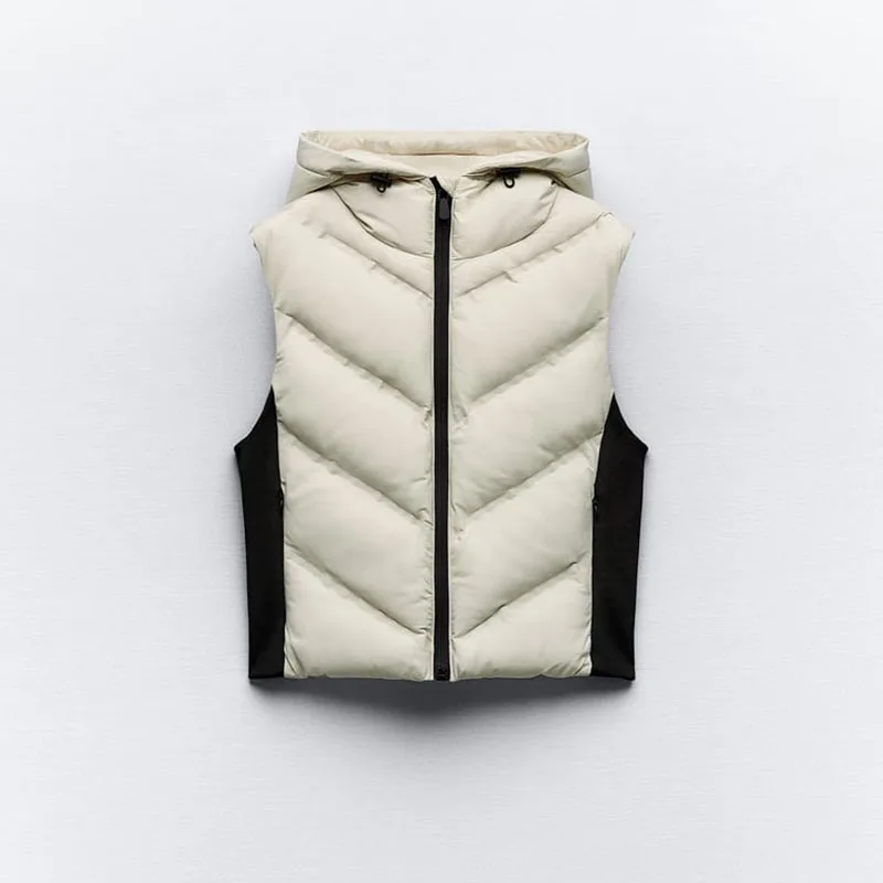 

2024 Autumn Winter New Women Wind Protection Cotton Hooded Vest Coat Sleevesless Pocket Zip Short Jacket Street Fit Outerwear