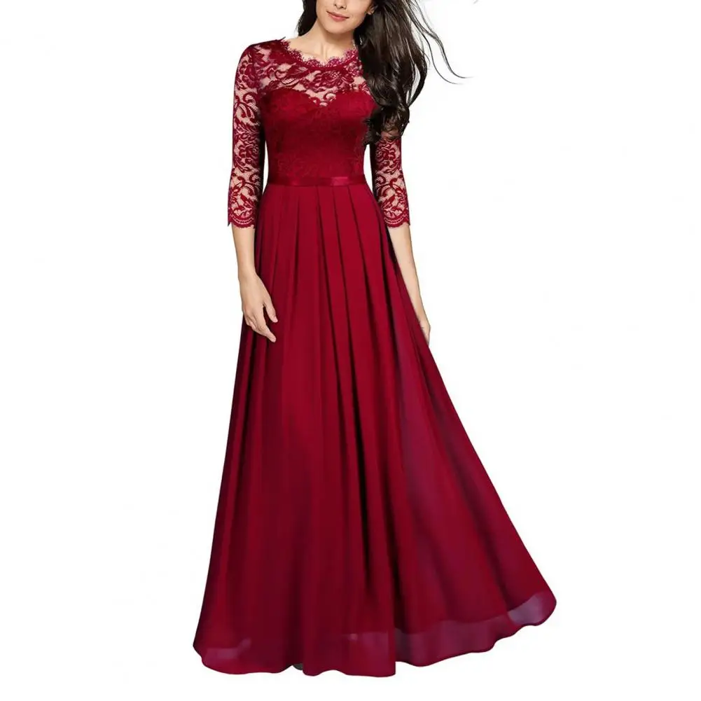 

Women Round Neck Gown Dress Elegant Lace Stitching Maxi Dress For Wedding Night Party Plus Size Luxury Evening Robe Dress