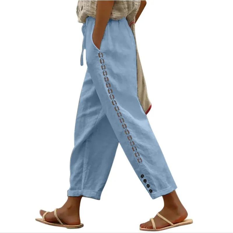 Women's Casual Pants Summer Cotton Hemp Pants Straight Pants Spliced Solid Color Nine-point