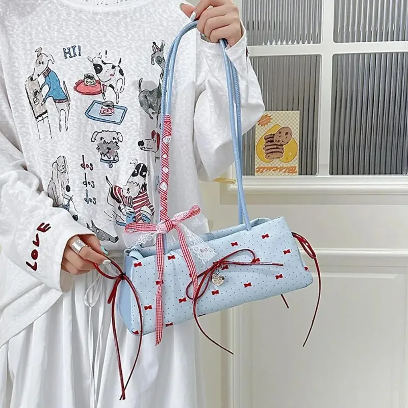Sweet Y2K Shoulder Bag INS Floral Lace Bow Print Handbag Contrast Color Cute Women's Shoulder Bag