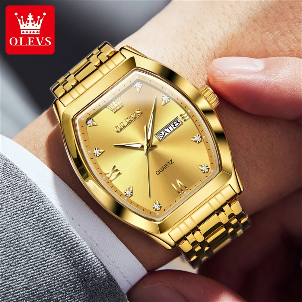 OLEVS 5528 Man Watch Fashion Original Waterproof Roman Scale Dress Wristwatch Dual Calendar Tonneau Dial Quartz Watch For Men