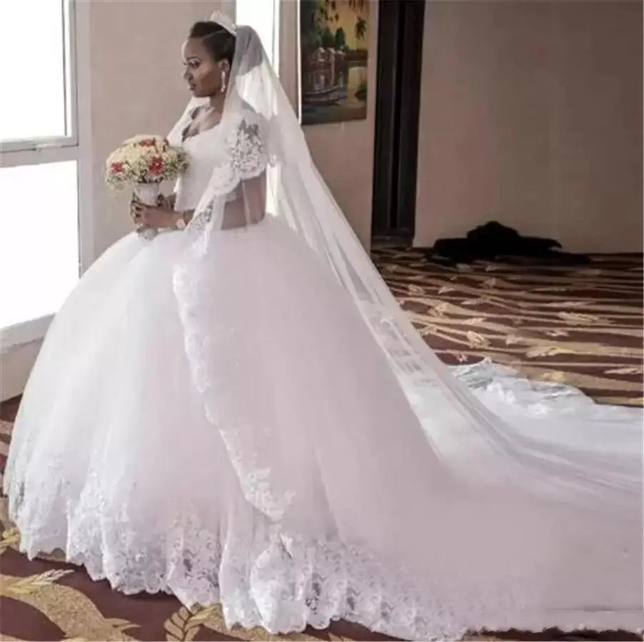 

Long V Neck Applique Beaded Chapel Train Bridal dress Modest New Arrivals Tulle And Lace Ball Gown Wedding Dresses Plus Size