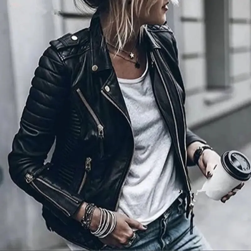 

Vintage Women Leather jackets Faux Leather Moto Spring Bomber Jacket Two Zippers Drive Biker Coat PU Windbreak Outwear Autumn