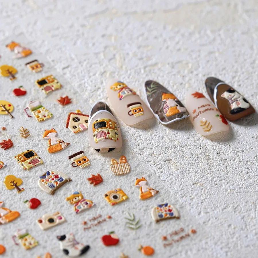 고양이 여우 건강 냄비 카메라 스웨터 곰 나무 낙엽 배낭 사과 과일 음식 5D 접착제 네일 아트 스티커 매니큐어 데칼