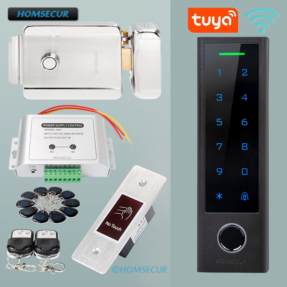 Умная Система контроля доступа Wi-Fi HOMSECUR IP65 с приложением Tuya, RFID-паролем и разблокировкой по отпечатку пальца, 12 В, электрическая кнопка ИК-выхода с ободом