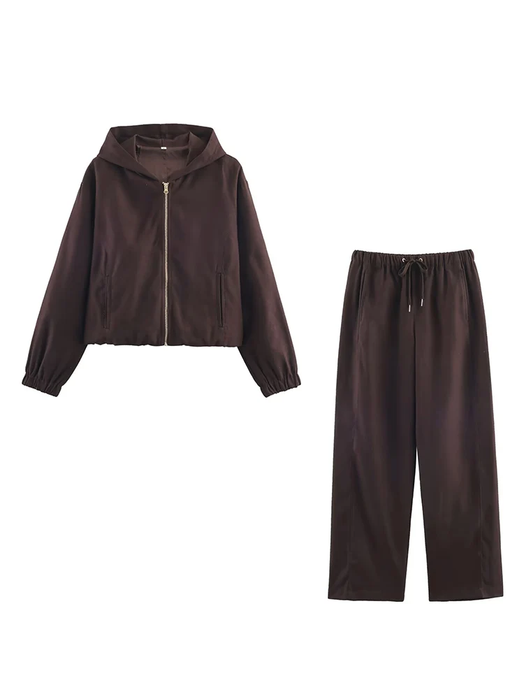 Women Casual Sweatshirt Pant Suit Long Sleeve Hooded Zipper Coats With Pocket Loose Straight Trousers Ladies Solid Sets