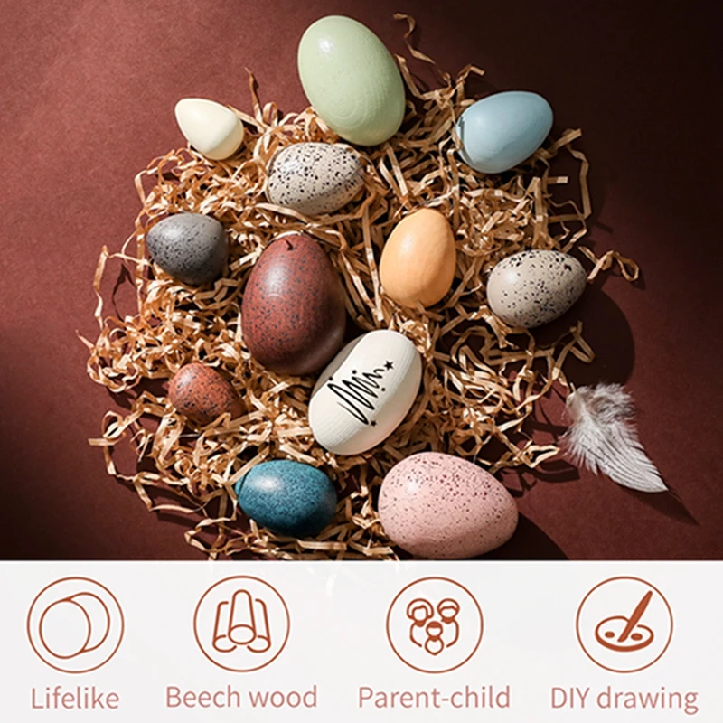 1Set Wooden Color Artificial Egg Toys Easter Eggs Handmade DIY Egg Easter Party Decorations Creative Building Blocks Place Toys 2