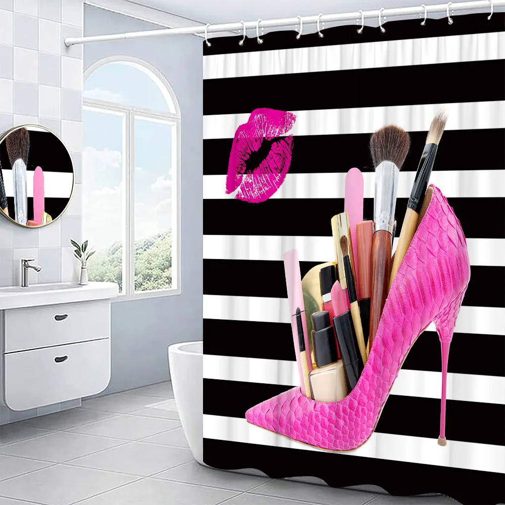 Pink high-heeled shower curtain sexy red lip makeup bathroom decoration  flowers and plants shower curtain cortina de la ducha