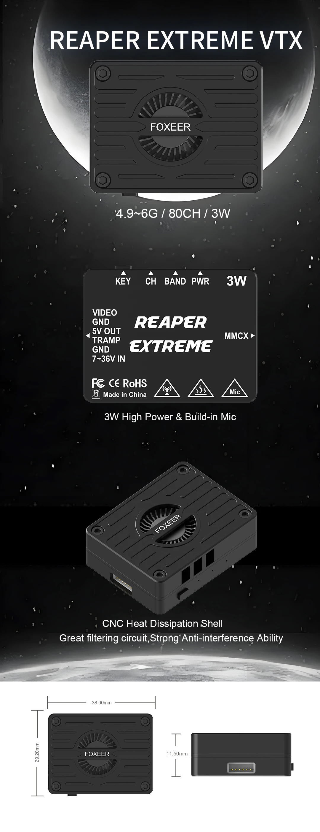 FOXEER 4,9-6G Reaper Extreme 3 Вт 80 каналов VTX 9 ~ 36 В 15,2 г 25 мВт/200 мВт/500 мВт/1,5 Вт/3 Вт Регулируемый FPV дальнего действия thumbnail 6