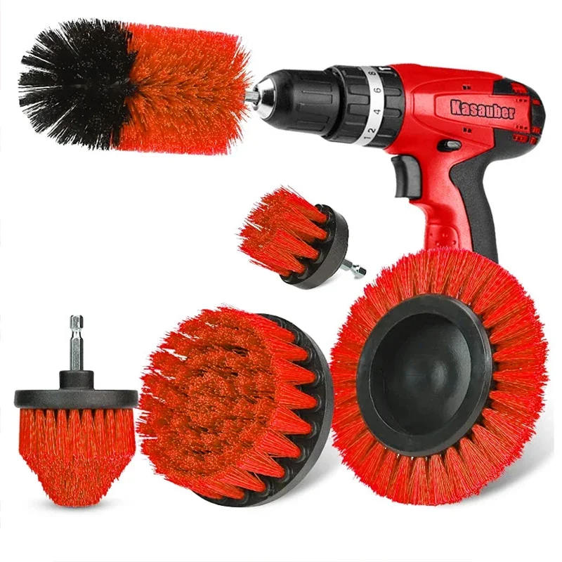 3Pcs/5Pcs Elektrische Wäscher Pinsel Bohrer Pinsel Kit Rot Kunststoff Runde Reinigung Werkzeuge Für Teppich Glas auto Reifen Nylon Pinsel