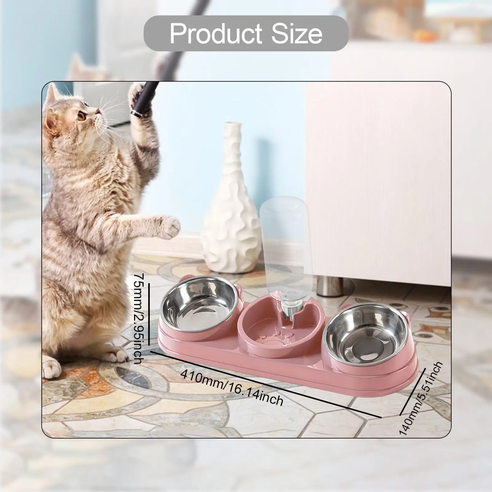 Triple Cat Bowl, Pet Food And Water Bowl, Tilted at 15°, 3 in 1, for Wet And
