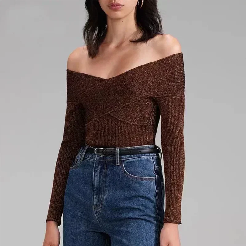 

Early Spring Women New Caramel Brown One-shoulder Knitted Top