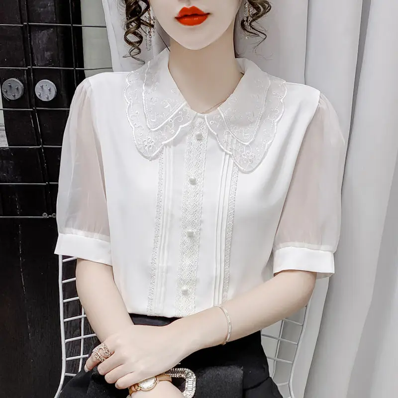 Fashion Women's Chiffon Shirt Summer Wild Short Sleeve Gauze Pullovers Elegant Women Slim White Urban Office Wear Blouses 2022