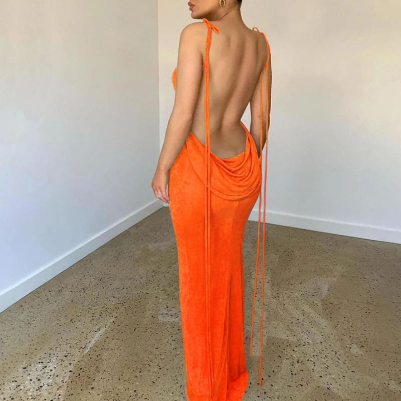 

Sexy Backless Halter Neck Long Dress Lace-Up Sleeveless Solid Color Package Hip Skirt High Waist Slim Fit Neck Ladies Dress