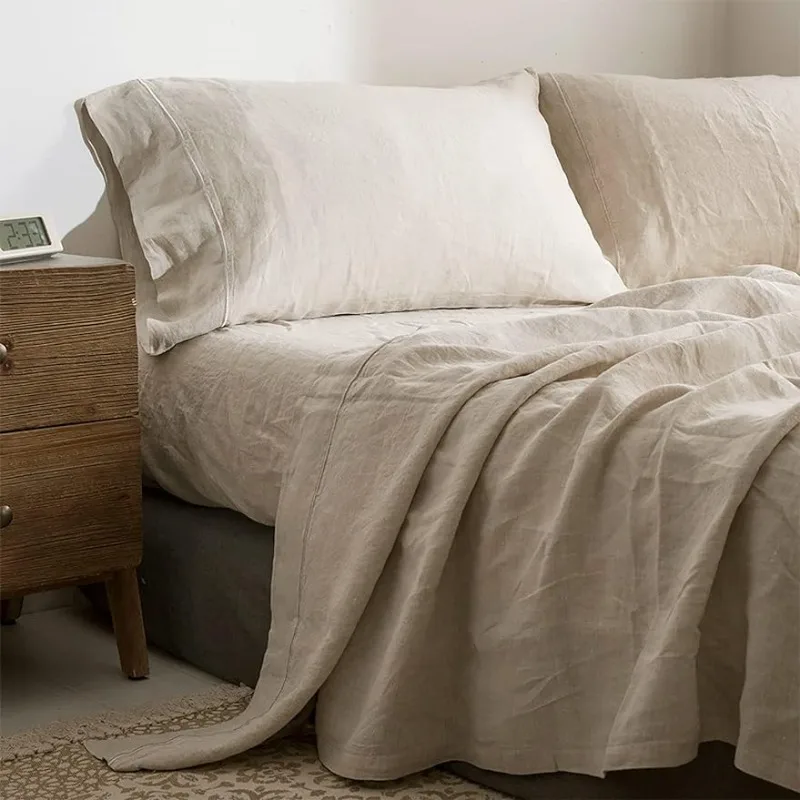 

Sheet Set with Embroidery Washed - 4 Pieces (1 Flat Sheet & 1 Fitted Sheet & 2 Pillowcases) Natural Flax Soft Bedding Breathable